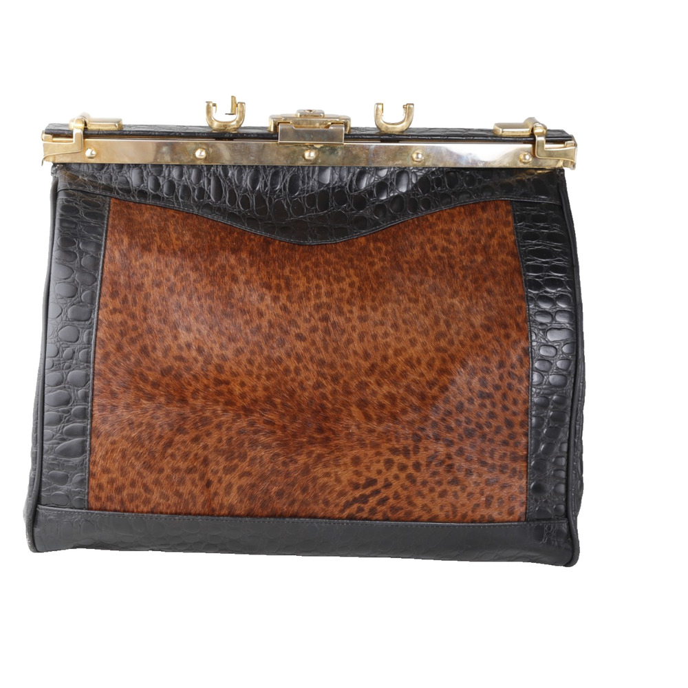 Rare Vintage L’ior Structured Doctor Frame Bag Croc Embossed Leather Calf Hair - Picture 3 of 16